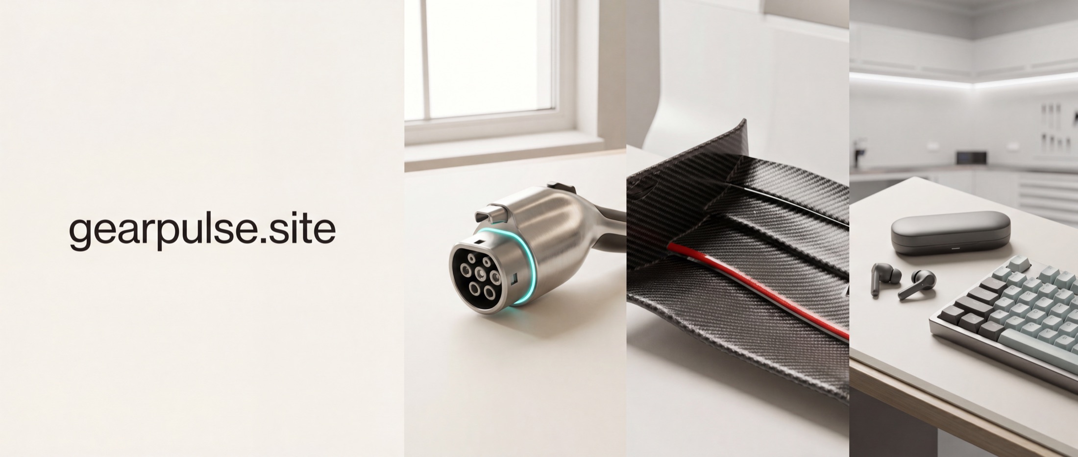 gearpulse.site banner with an EV charging connector, carbon fiber detail, earbuds, and a mechanical keyboard