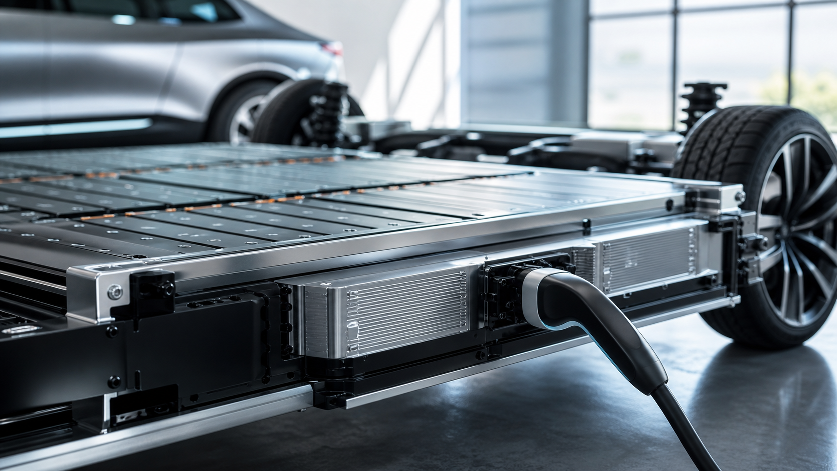 A clean electric vehicle battery platform and charging connector in a neutral studio workshop.