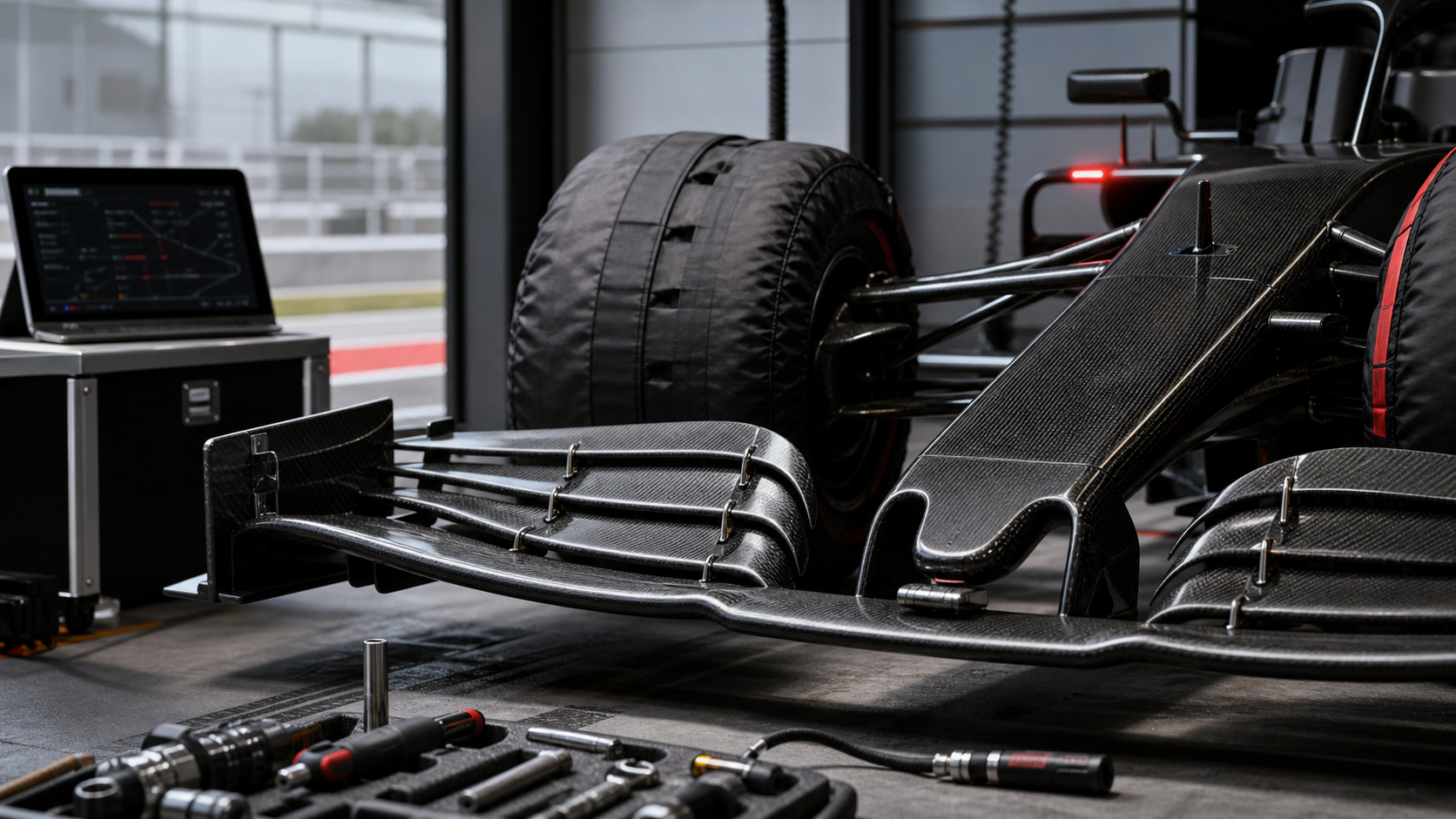 Formula 1 engineering detail with carbon fiber surfaces, tools, and abstract telemetry in a clean garage.