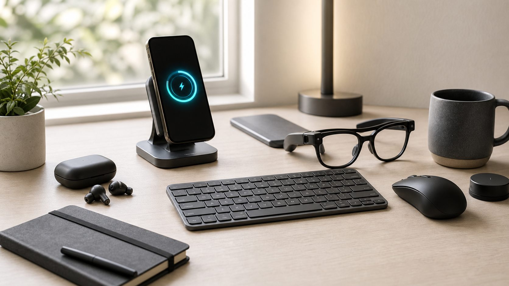 A minimalist desk with everyday personal technology, a compact keyboard, earbuds, and a phone charging stand.